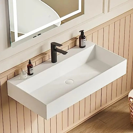 30x18 Matte White Stone Resin Wall Mount Bathroom Vessel Sink Combo with Pop-up Drain Repairable Surface Minimalist Design