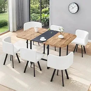 Modern Dining Table Set for 6, 60.2" Dinner Table Set for 6, White Faux Marble Tabletop with Sturdy Metal Legs, 6 Compact Design