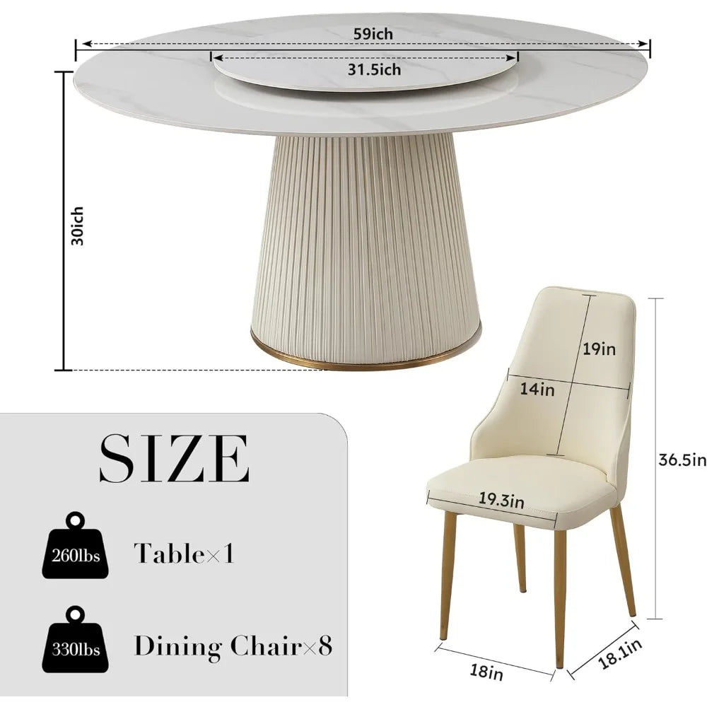 Round Dining Table Set with Removable Lazy Susan, Luxury 59" D Marble Dining Table Set of 8, Modern Sintered Stone Dining Table