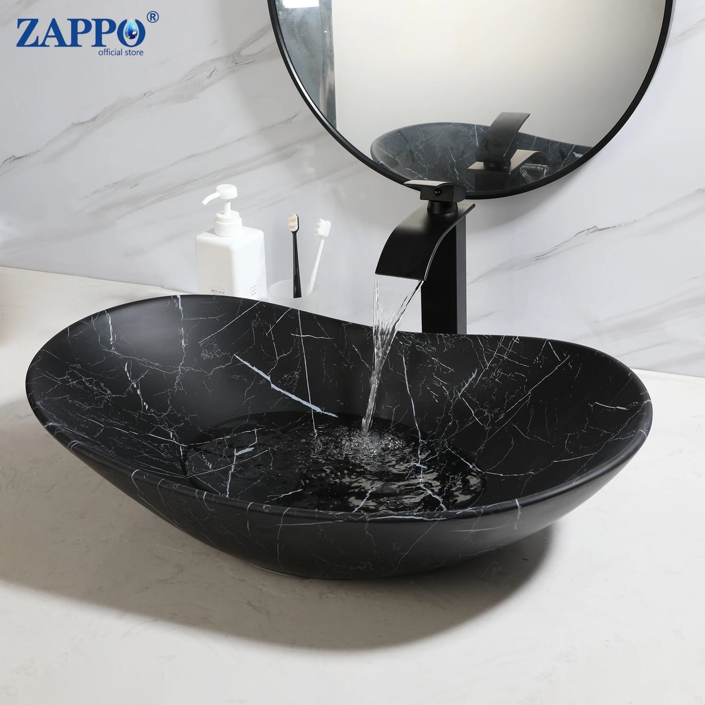 ZAPPO Matte Black Bathroom Sink Oval Large Porcelain Vessel Sink with Faucet Drain Combo Above Counter Wash Basin Sink bowl