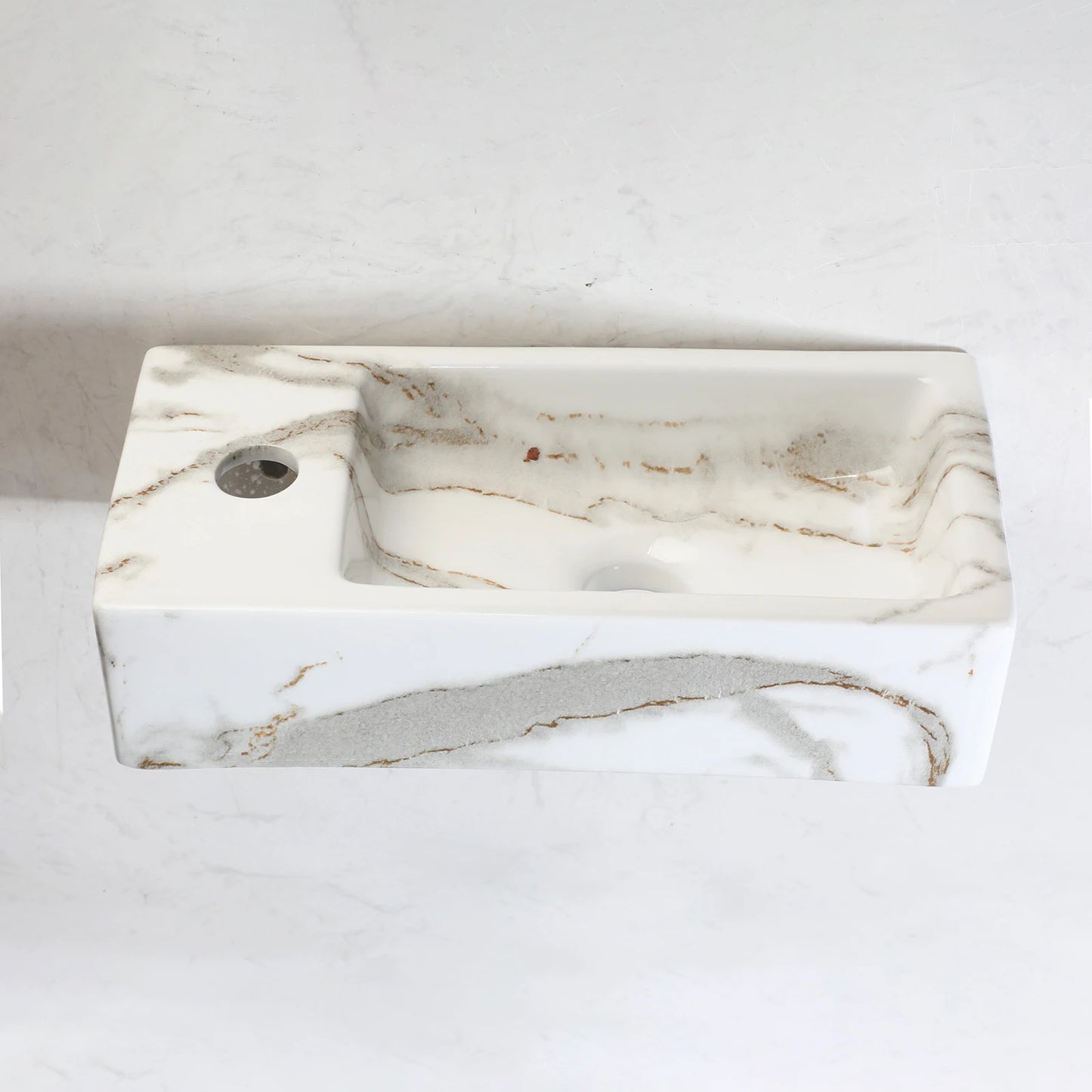 KEMAIDI Wall Mounted Marbling Vessel Sink 15x7 inch Rectangular White Floating Small Bathroom Ceramic Sinks Porcelain Basin Bowl