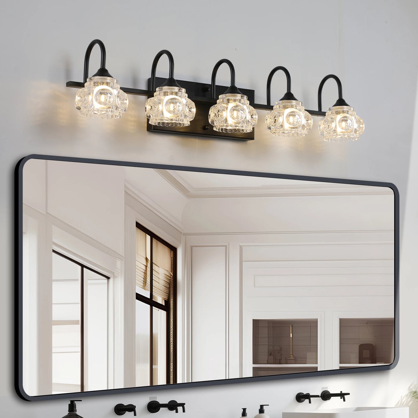 29" Retro 5-Light Bathroom Vanity Light Fixture - Black Finish with Crystal Glass Shades, Wall Mounted Lighting