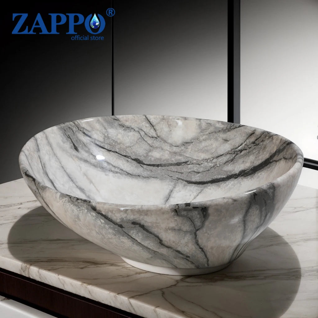 ZAPPO Marbling Oval Vessel Sink 16.4 Inch Bathroom Ceramic Sinks Above Counter Porcelain Basin Bowl for Modern Small Bathroom US