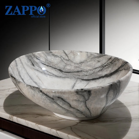 ZAPPO Marbling Oval Vessel Sink 16.4 Inch Bathroom Ceramic Sinks Above Counter Porcelain Basin Bowl for Modern Small Bathroom US