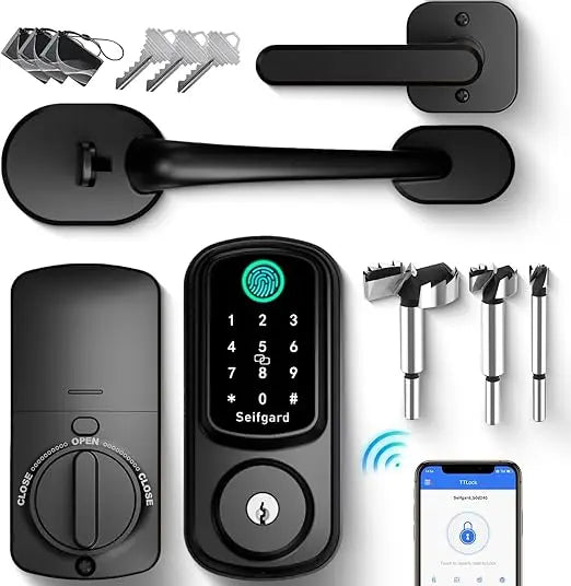 Keyless Entry Door Lock with Handle Set, Smart Door Lock for Front Door with Woodworking Flat Wing Drill, Electronic Keypad Dead