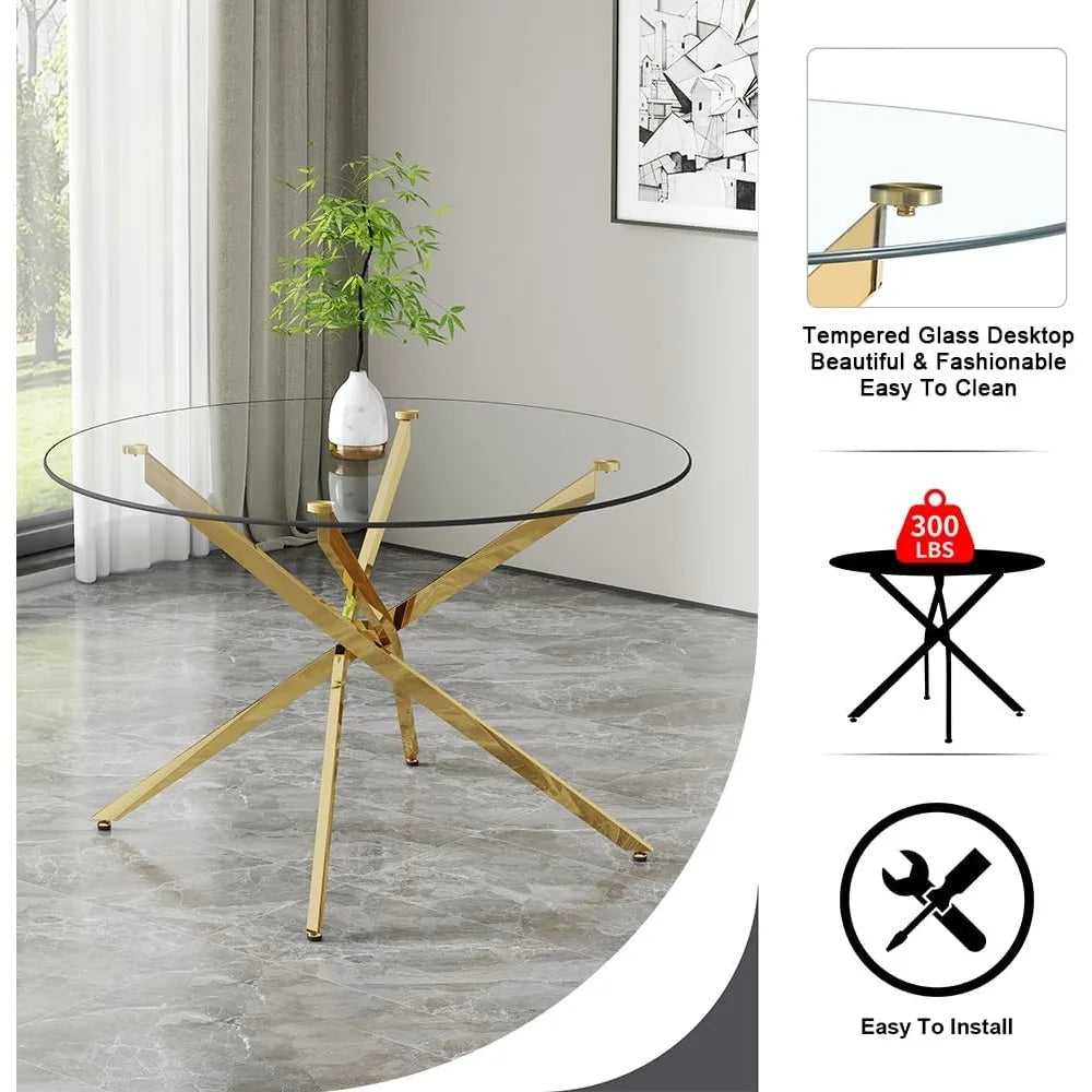 Round Glass Dining Table Set for 4,5 Piece Modern Tempered Glass Kitchen Dining Table Chairs Set,47 Inch Modern Glass Dining