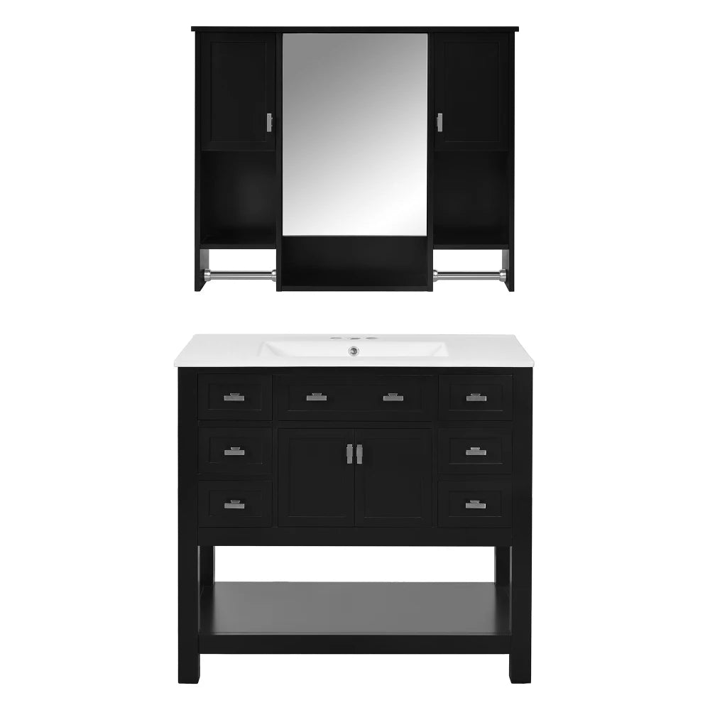 36'' Bathroom Vanity with Top Sink, Modern Mirror Cabinet with Towels Bar, Bathroom Storage Cabinet with 2 Soft Closing Doors