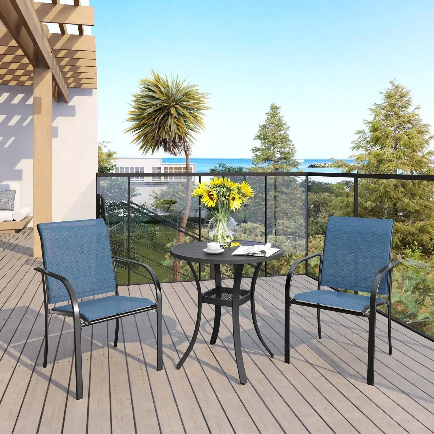 5-Piece Patio Dining Set – Outdoor Furniture Set w/1 Square Table & 4 Stackable Sling Chairs – Patio Dining Furniture