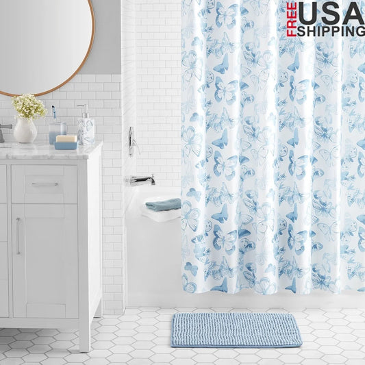 17 Piece Butterfly Shower Curtain Bathroom Accessory Set Polyester Ceramic Includes Rug Dispenser Soap Dish Toothbrush Holder