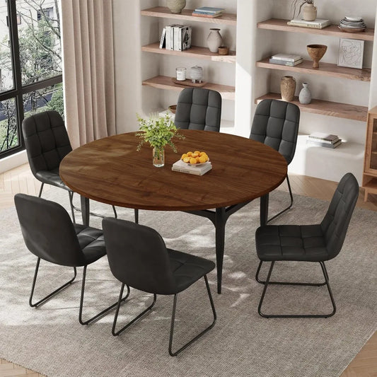 Expandable Folding Dining Table Set, 55-Inch Round to Square Table with 6 Upholstered Chairs, Metal Frame, for Dining Room or