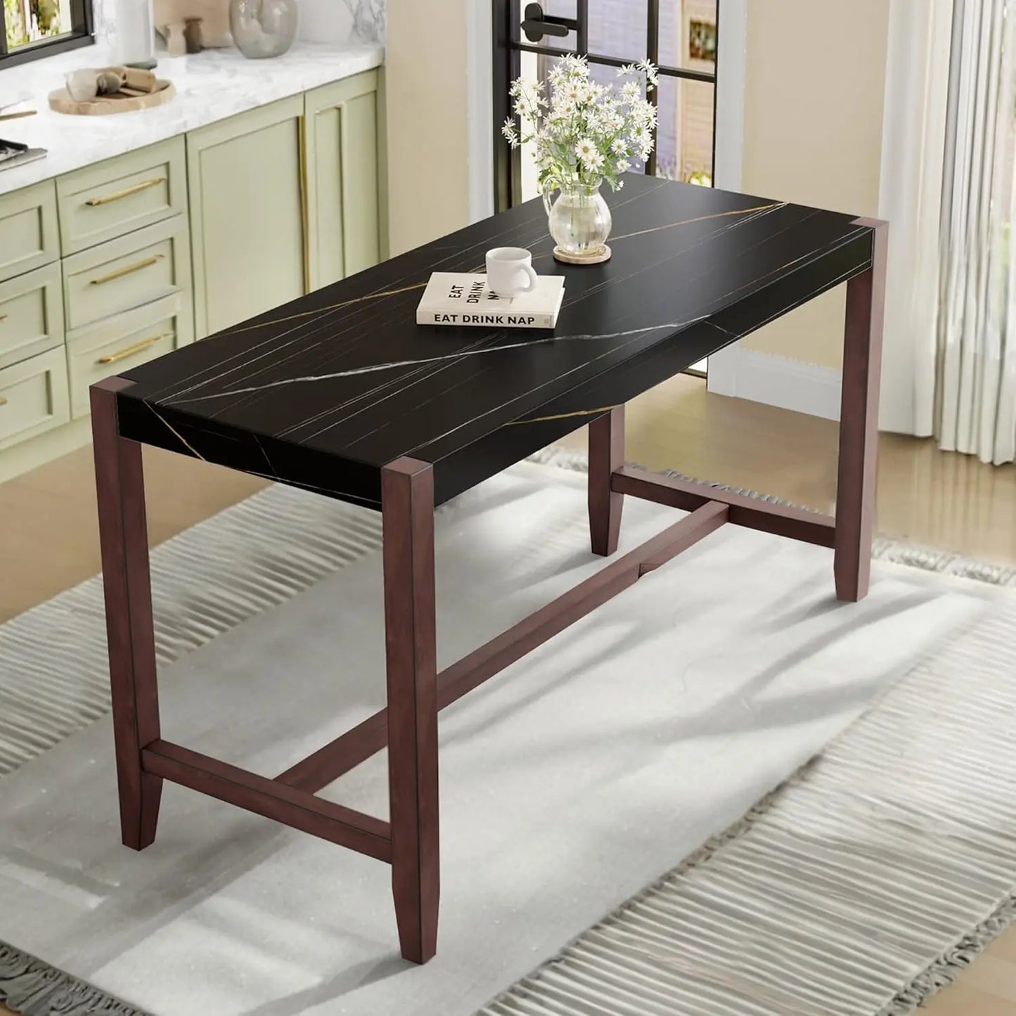 5-Piece Counter Height Dining Set with 1 Faux Marble Top Bar Table and 4 Upholstered Chairs, Mid-Century Modern Kitchen Table S