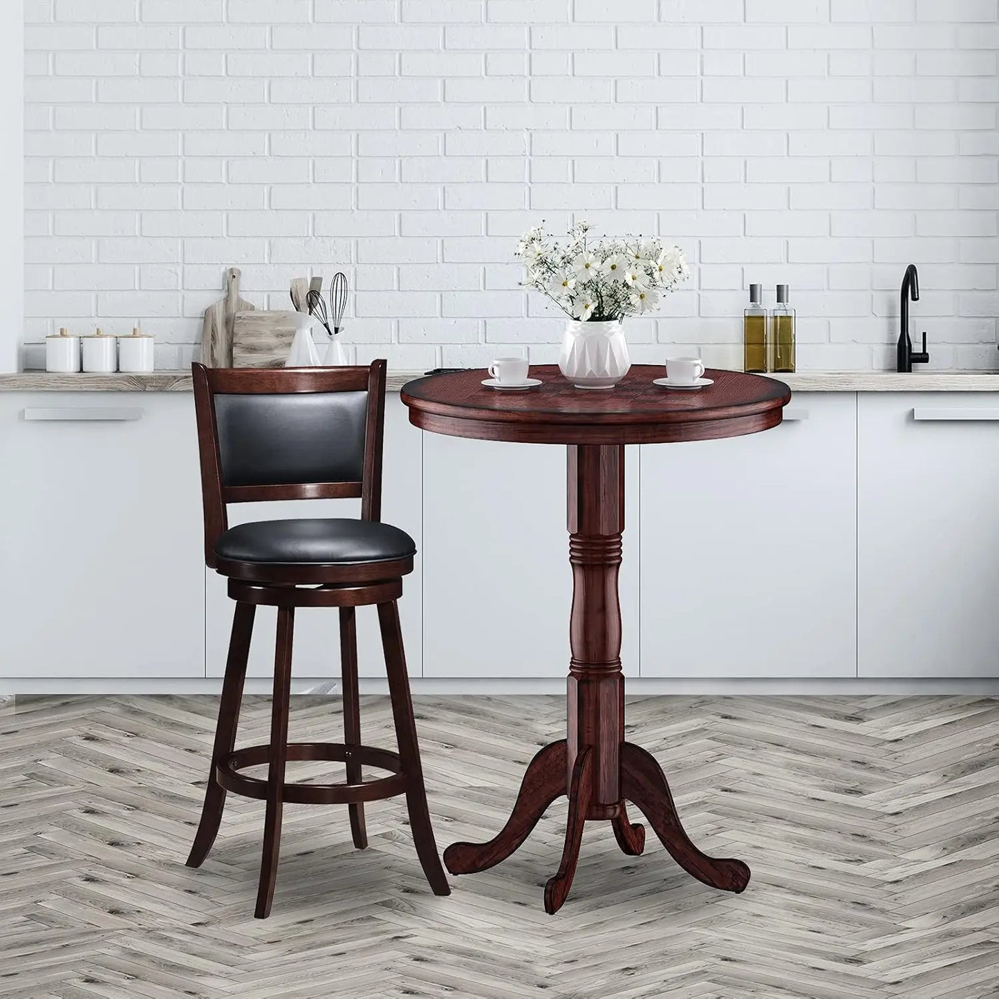 5 Pcs Pub Table Set,Wooden Pub Pedestal Side Table w/Stable Base,360 Degrees Swivel Bar Stool, Modern Round Bar Table and Stools