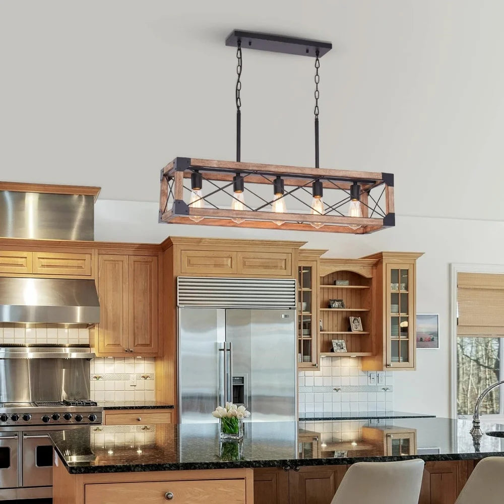 Farmhouse Kitchen Island Lighting 5 Light Wood Chandelier for Dining Room Adjustable Height Pendant Lamp Fixture for Bar Table
