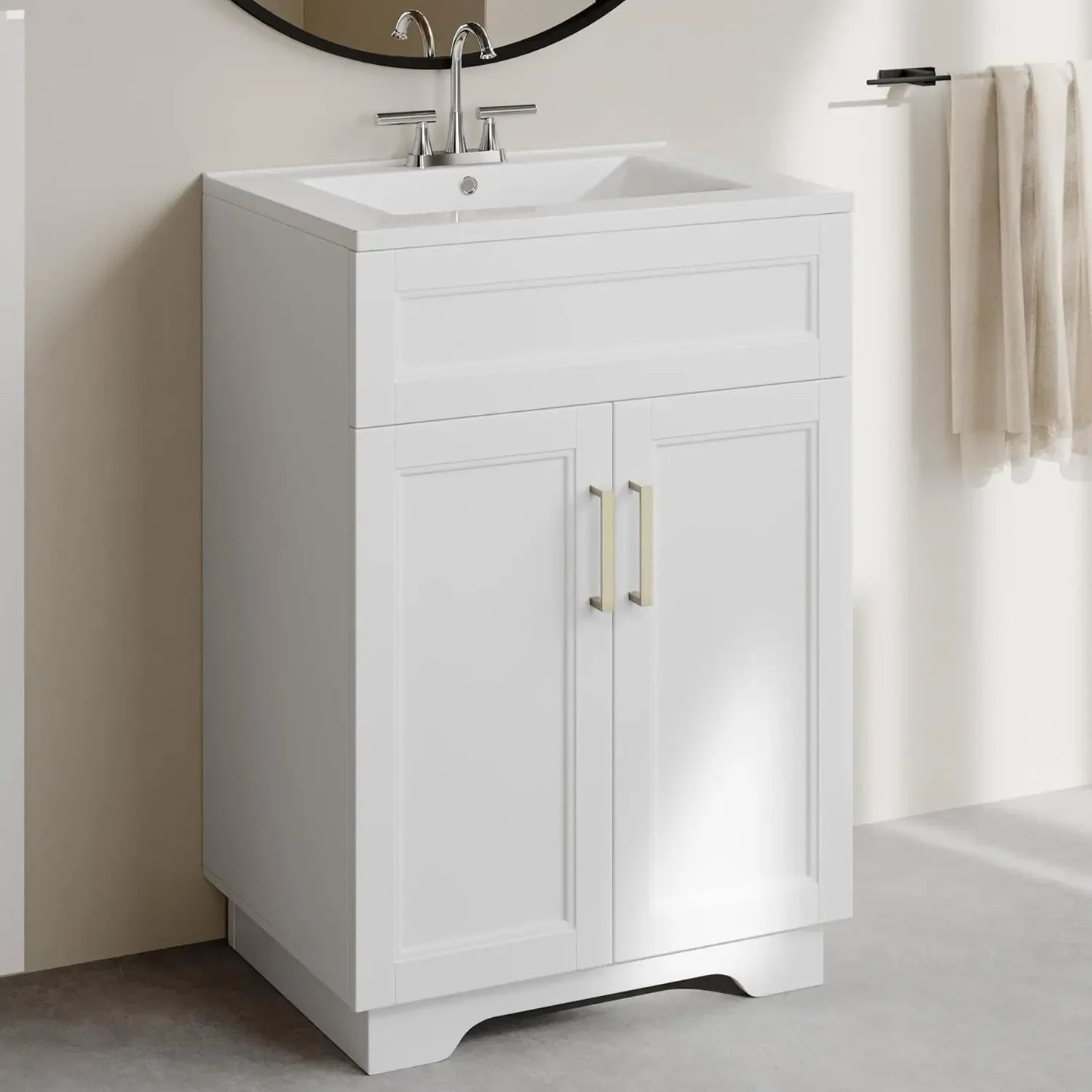 Bathroom Vanity with Ceramic Sink, Wooden Double Door Bathroom Storage Vanity with 24 Inch, Small Quick Assembly Bathroom
