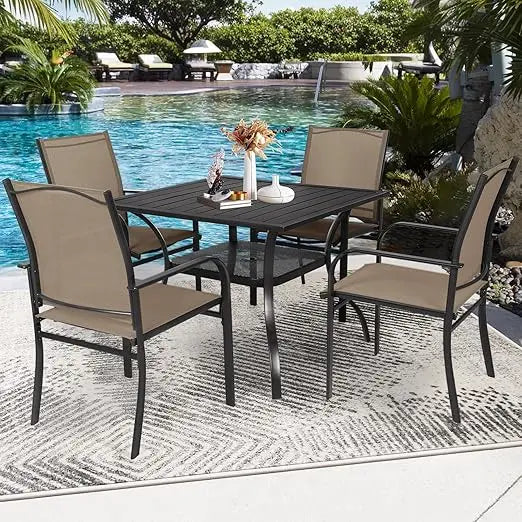 5 - Piece Outdoor Dining Set, Patio Furniture Set with 4 x Textilene Dinning Chairs and 1 Steel Slat Metal Bistro Table for Law