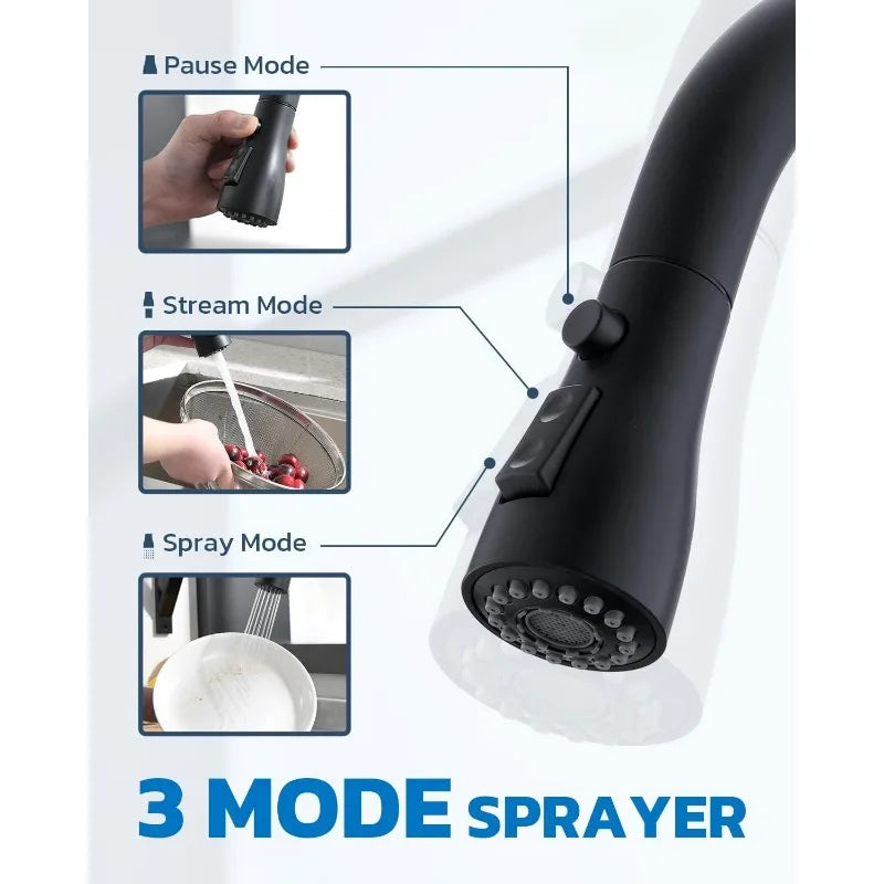 Arofa Matte Black Kitchen Faucet, Kitchen Sink Faucet with Pull Down Sprayer Single Handle Stainless Steel Modern for 1 or3 Hole