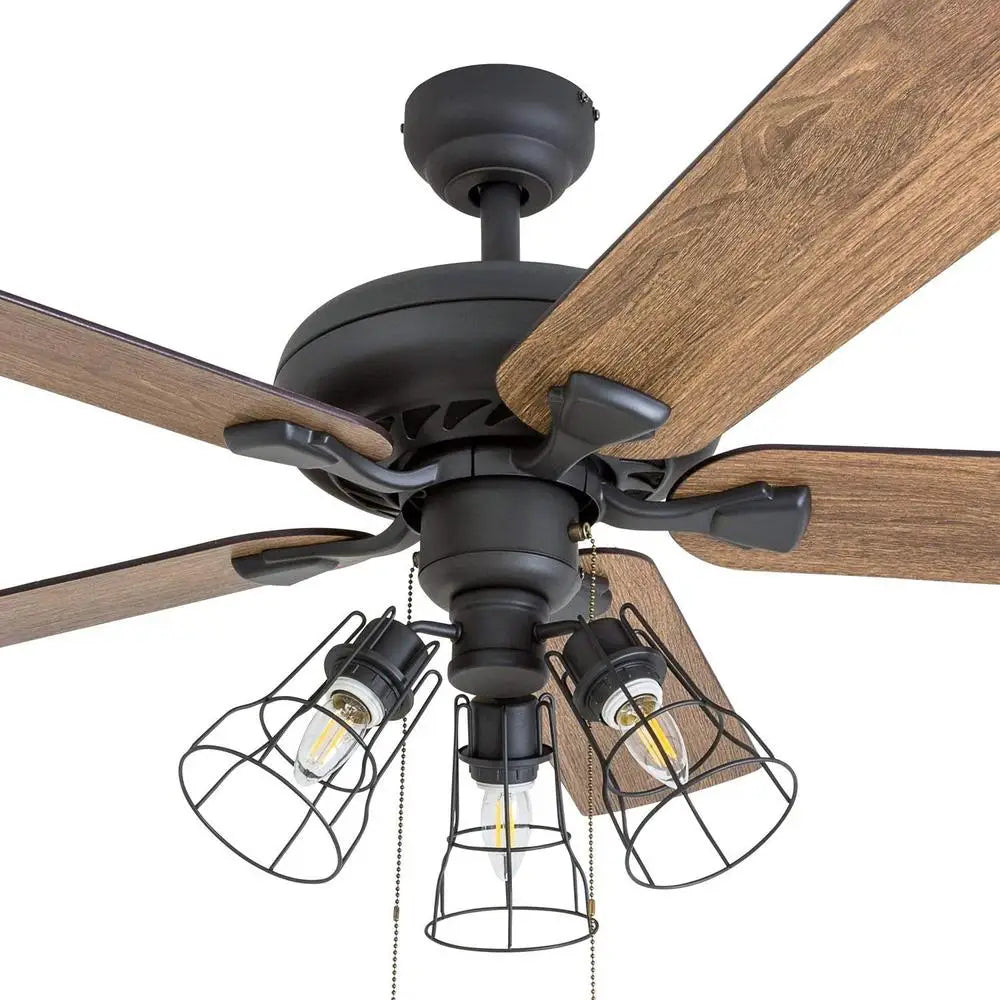 52 Inch Ceiling Fan with Remote Control Reversible Motor Farmhouse Style Quiet Operation Multi Arm Cage Light Kit Energy