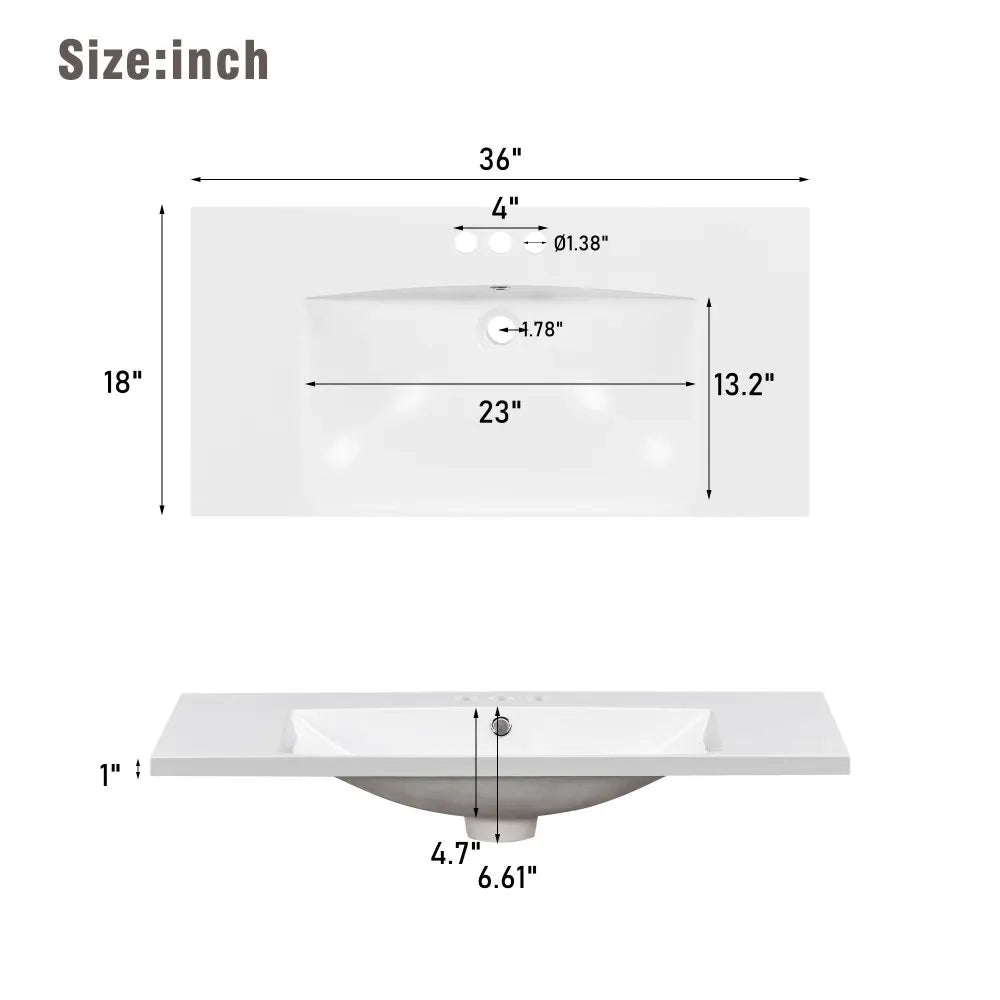 [Sink Only] 36x18" Rectangular 3 Hole Bathroom Resin Sink, Vanity Top ，Sink Only, Fits 4" Center Faucet,24x18 Inch,30x18"