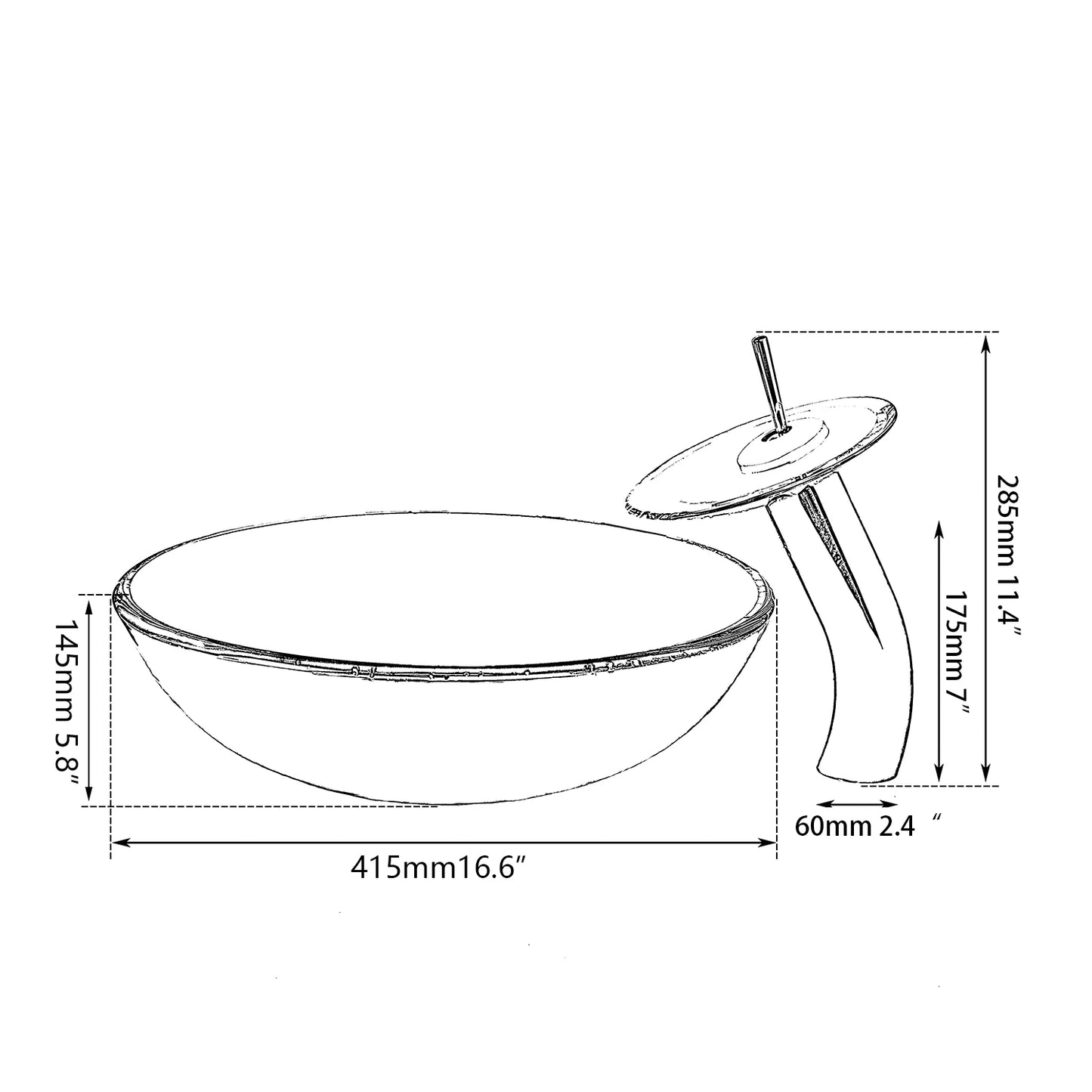 ZAPPO Round Bathroom Vessel Sinks 17 inch Tempered Glass Vessel Sink Clear Green Bathroom Sink Waterfall Bathroom Faucet Combo