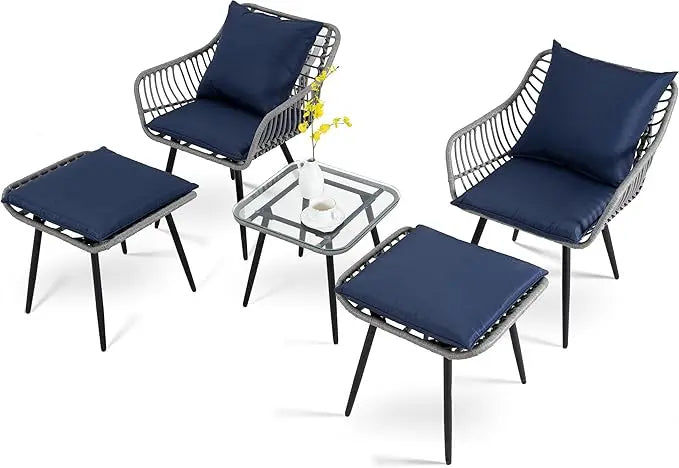 5 Piece Patio Furniture Set, Outdoor Wicker Small Conversation Bistro Set, All-Weather PE Rattan Chairs with Ottoman & Coffee Ta