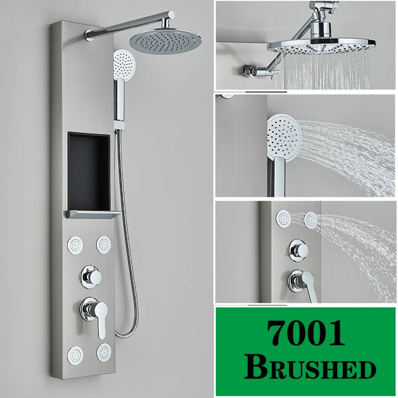 Shower Panel Rainfall Shower Faucet Set SPA Massage Jet Bath Shower Column Double Handle Mixer Tap Tower With Storage Rack