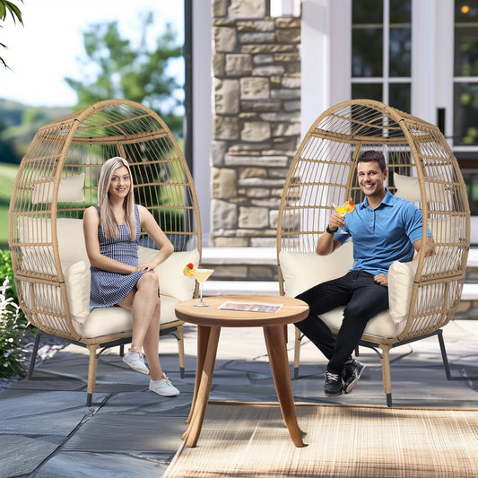 Wicker Egg Chair, Oversized Indoor Outdoor Lounger with Stand and Cushions  Beige Rattan & Creamy White Cushion