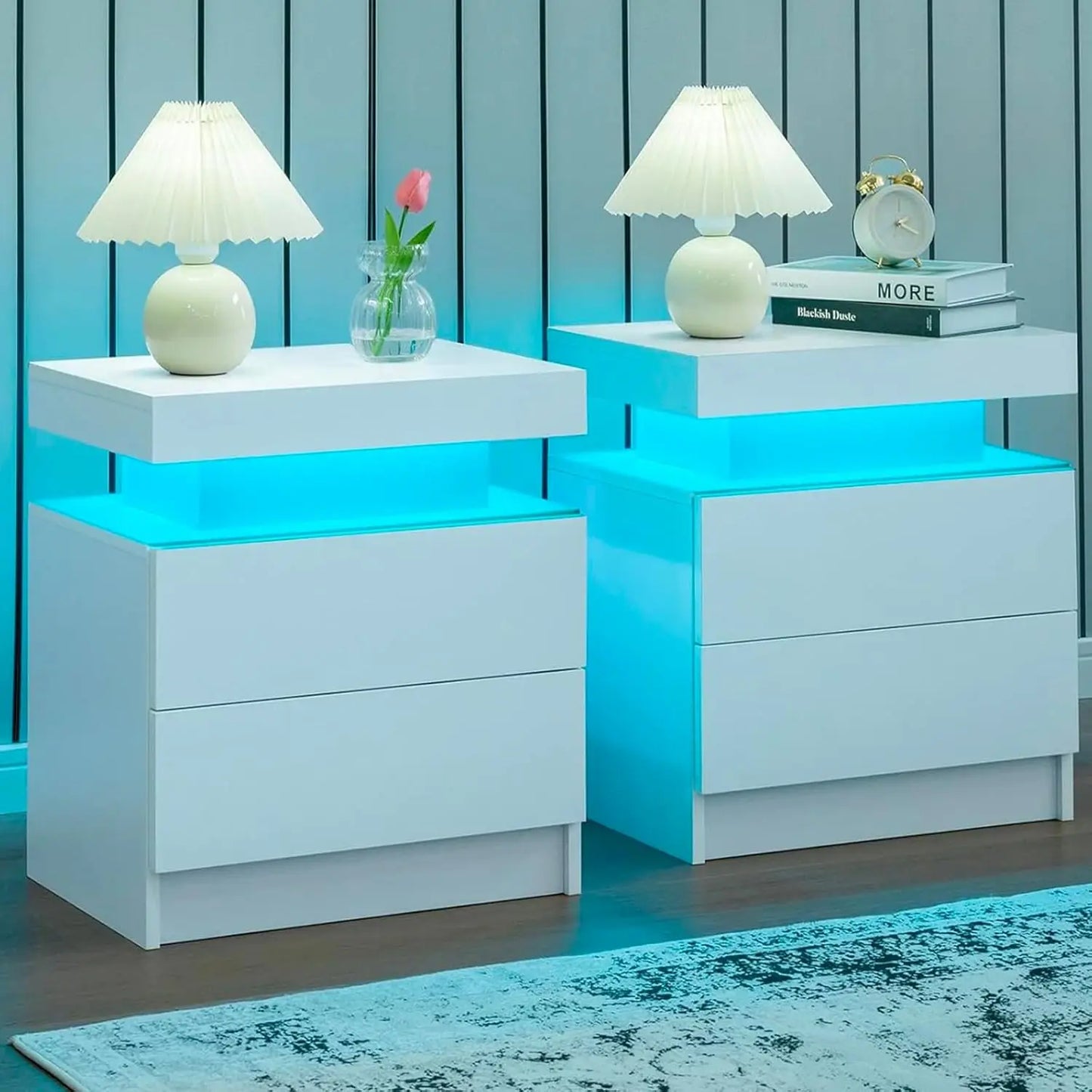 LED Nightstand Set of 2 with 2 Drawers, Bedside Table with Drawers for Bedroom Furniture, Side Bed Table