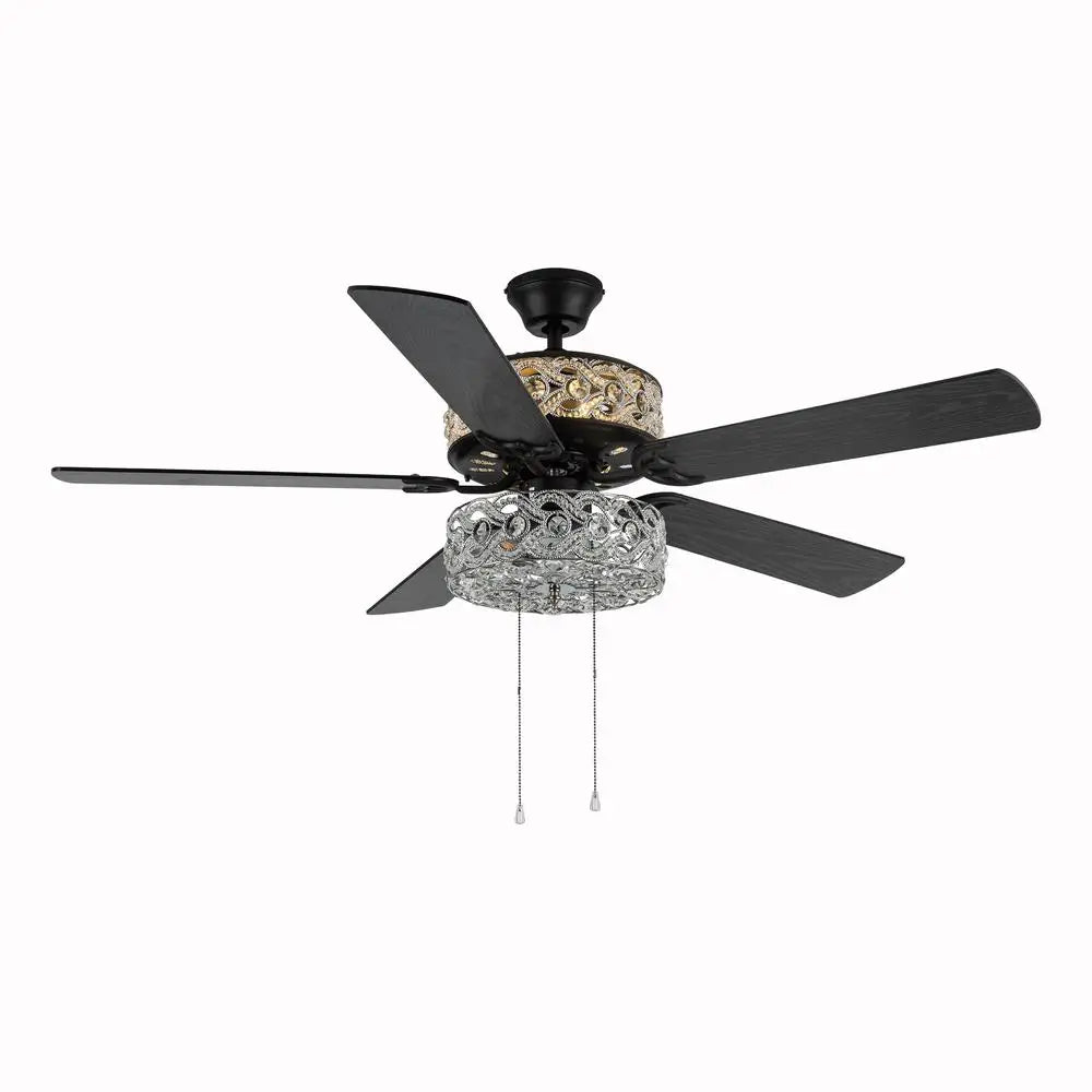 52 Inch 5 Blade Crystal LED Ceiling Fan with Light Reversible Blades Three Speed Motor Flush Mount Downrod Installation