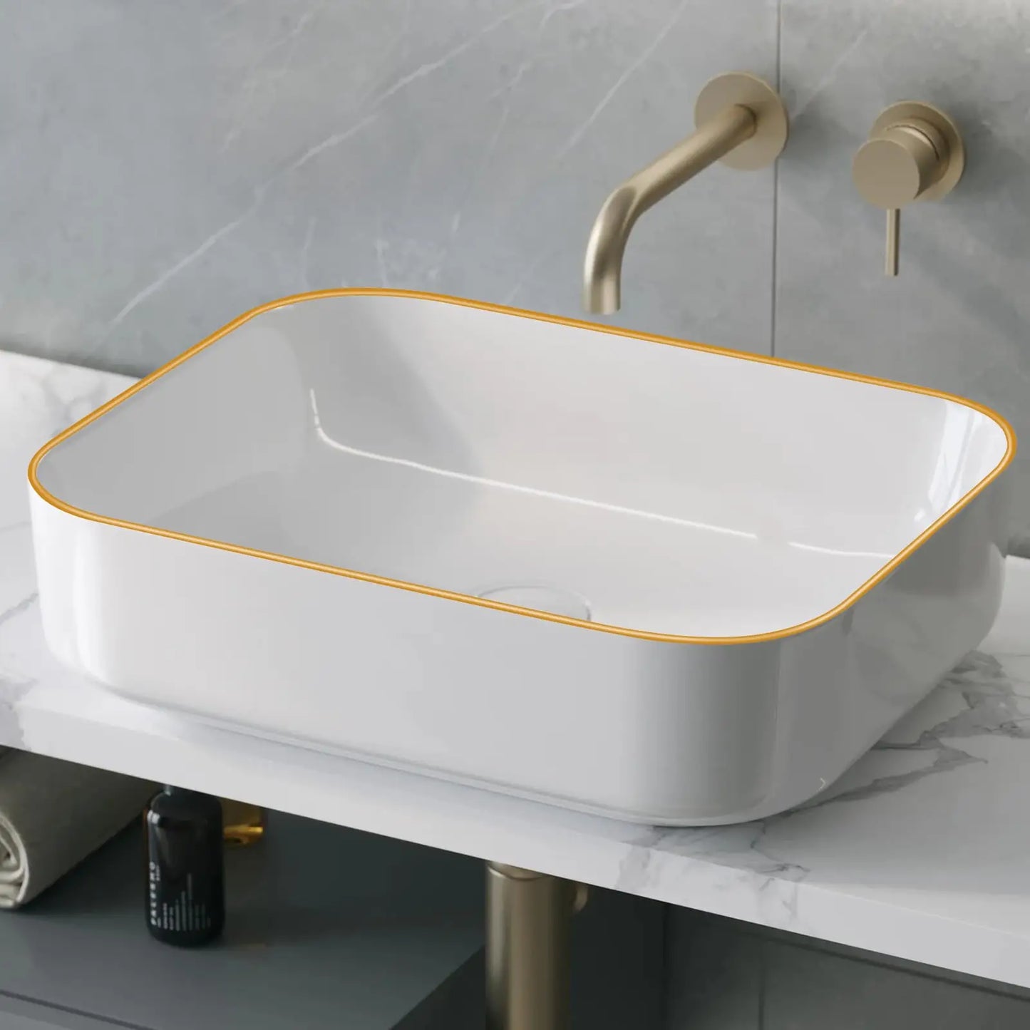 Ceramic Bathroom Sink Rectangular 20 X 16 Inch White Elegant Modern Style Gold Rim Vessel Sink Above Counter, Without Faucet