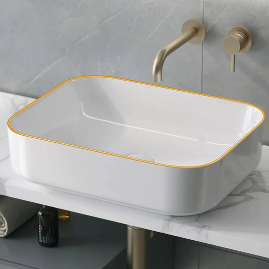 Ceramic Bathroom Sink Rectangular 20 X 16 Inch White Elegant Modern Style Gold Rim Vessel Sink Above Counter, Without Faucet