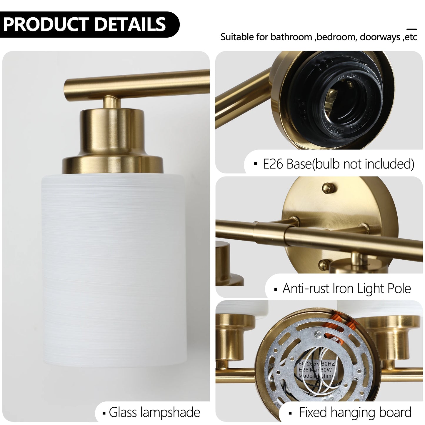 31" Modern 5-Light Vanity Bathroom Mirror Light, Frosted White Glass with Iron Frame, Contemporary Wall Sconce