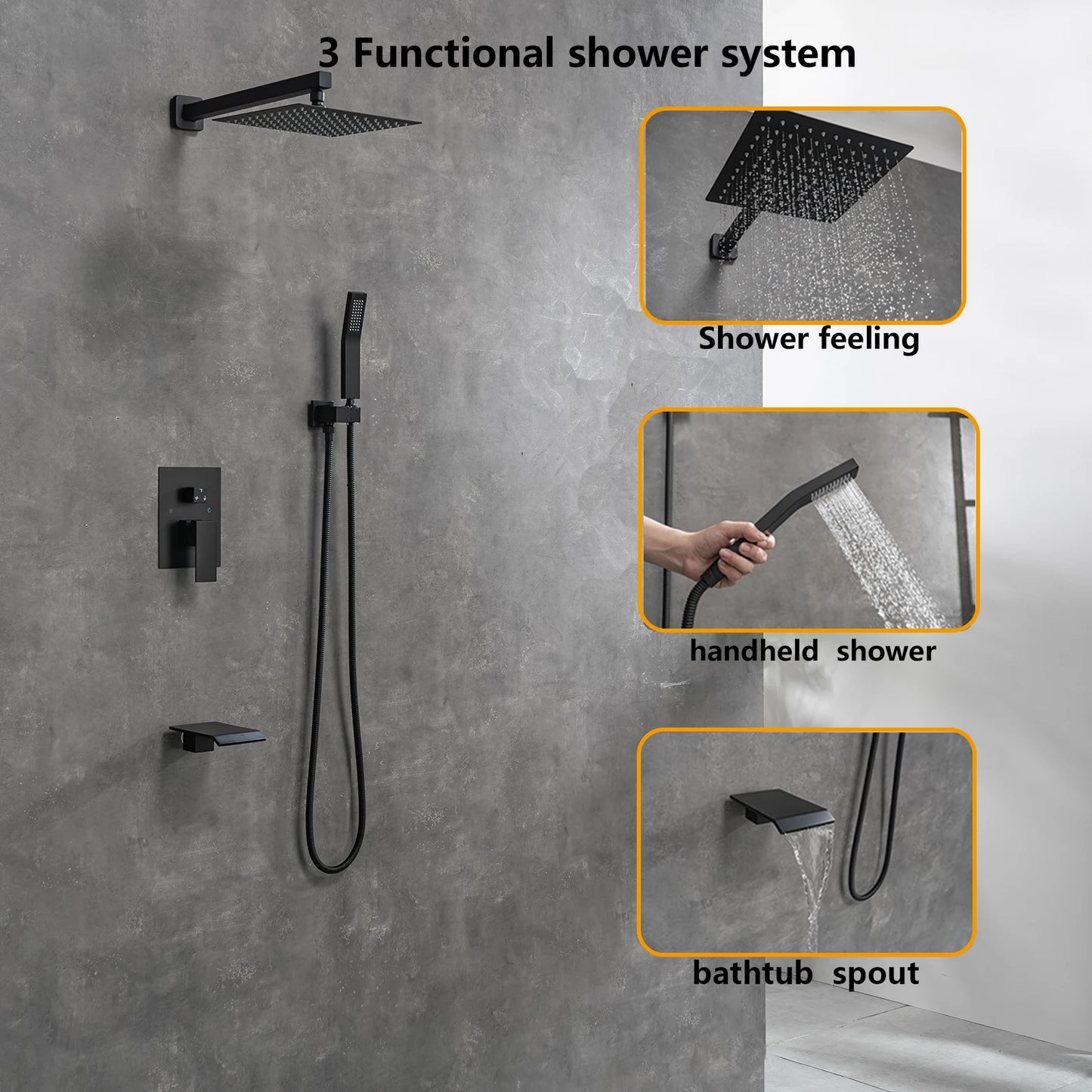 Black Concealed Shower System Rain Waterfall Bathroom Embedded Shower Faucet Set with Tub Spout