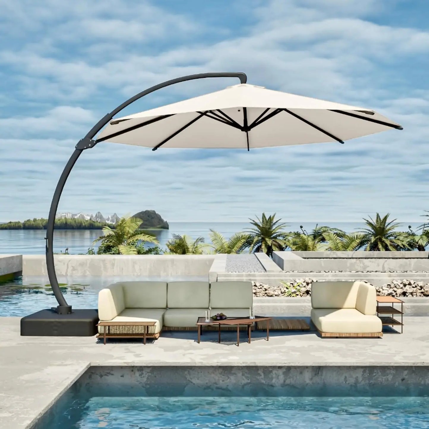 11FT Cantilever Umbrella with Base Large Curvy Outdoor Aluminum Offset Umbrella w/ 360° Rotation, UV Resistant Canopy for Patio