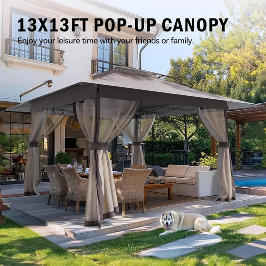 13x13 Outdoor Patio Gazebo with Mosquito Nettings - Double Roof Pop Up Canopy Tent with Wheeled Carry Bag, UV resistant Pergola