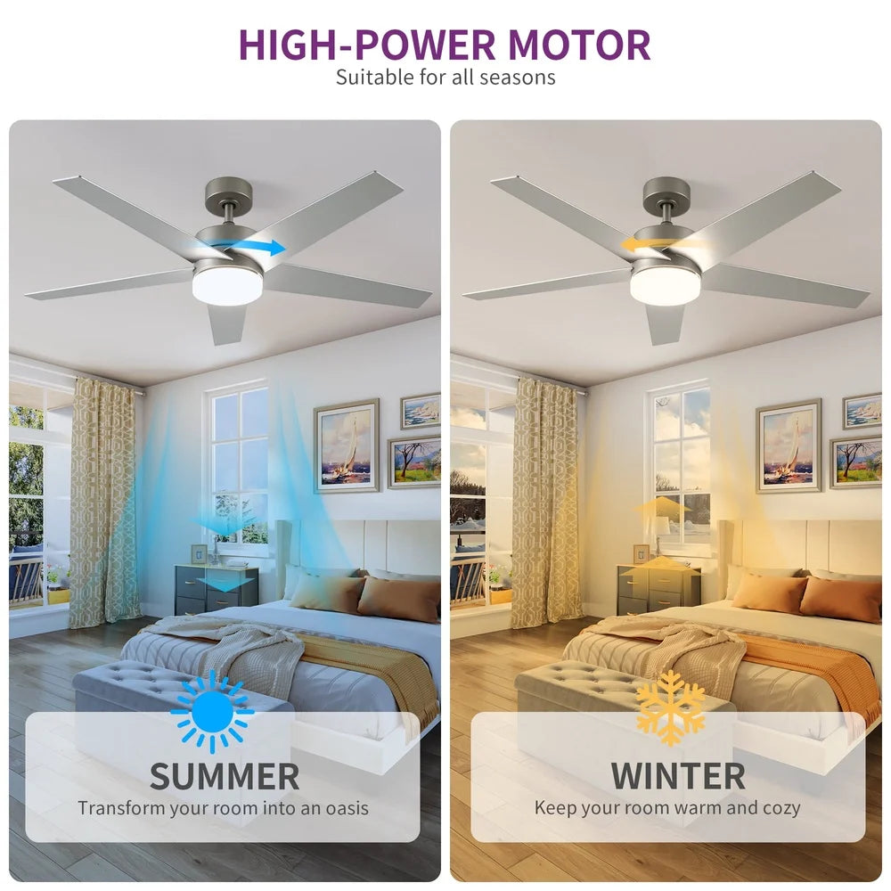 52 Inch Modern Ceiling Fan with Dimmable Light Remote Control 5 Blade Quiet Reversible Smart Timer Adjustable Speed Indoor Use