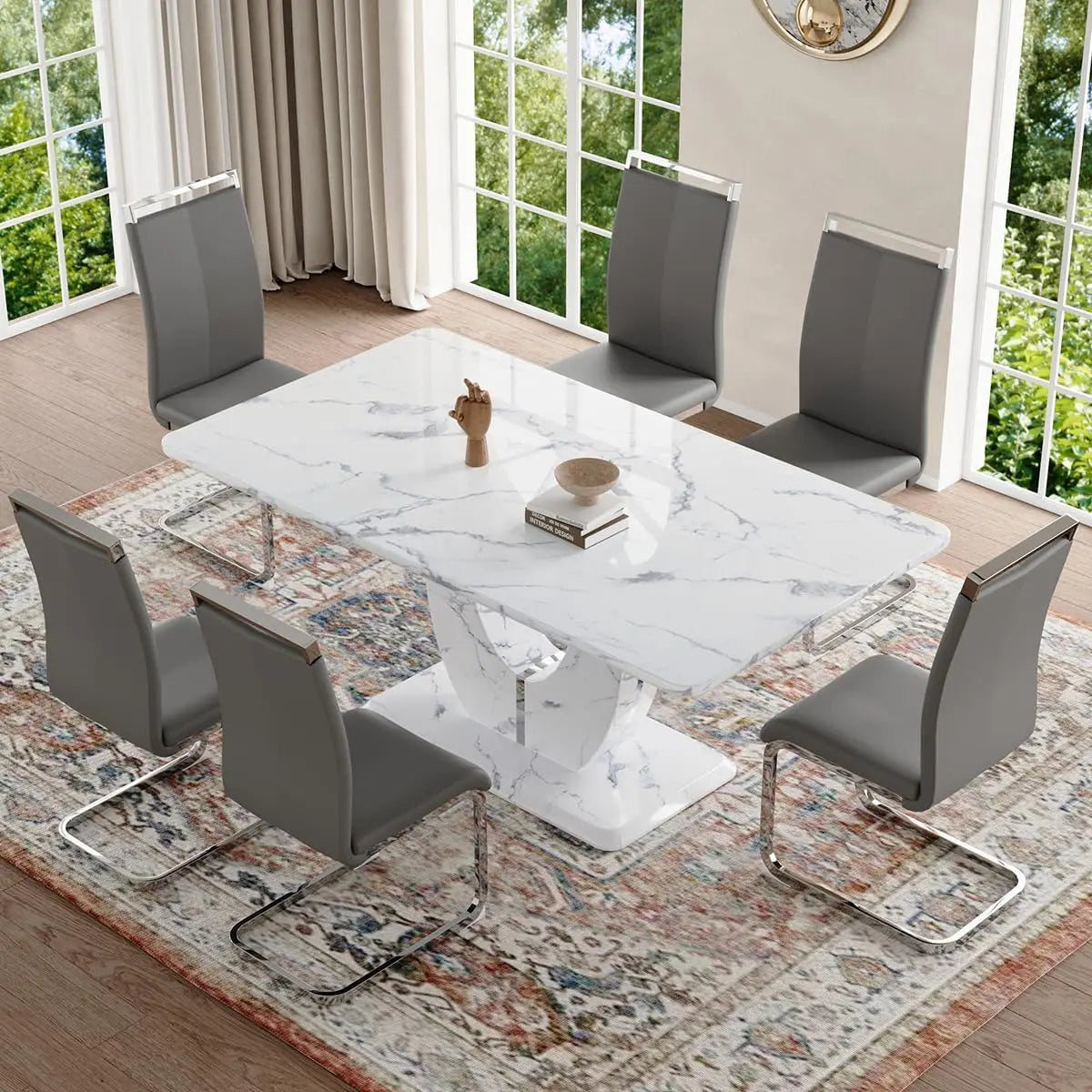 Dining Table Set 6,White Faux Marble Dining Room Table Set 6，63" Rectangle Kitchen Table Chairs Set of 6 Dining Kitchen Room