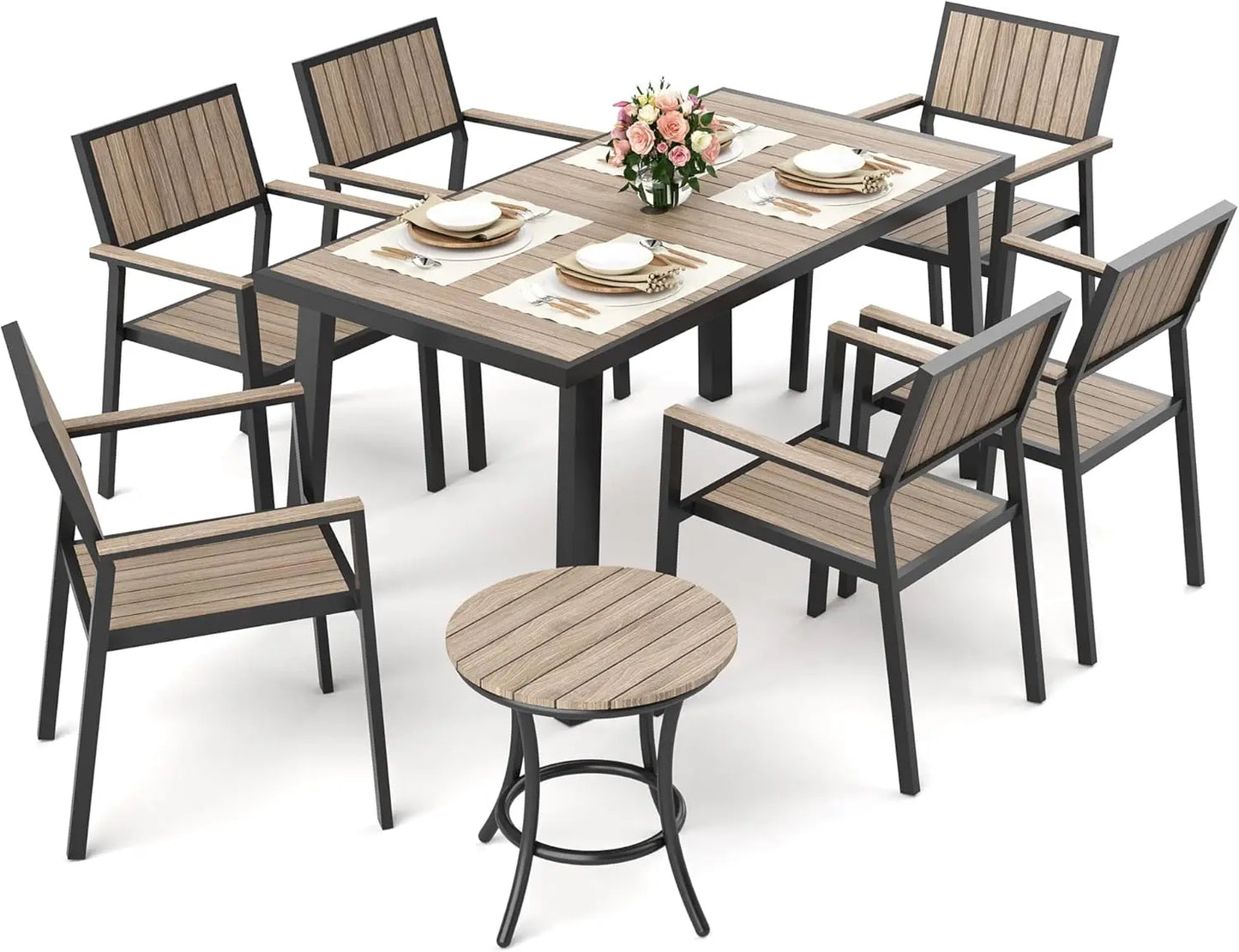 8-Piece Outdoor Dining Set, Patio Furniture Set with Walnut Plastic-Wood Table Top & 6 Stackable Chairs