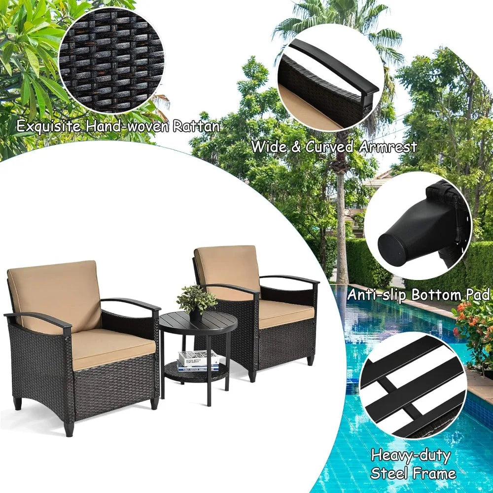 3 Piece Rattan Sofa Set, Patio Conversation Bistro Set w/Coffee Table, Seat and Back Cushions