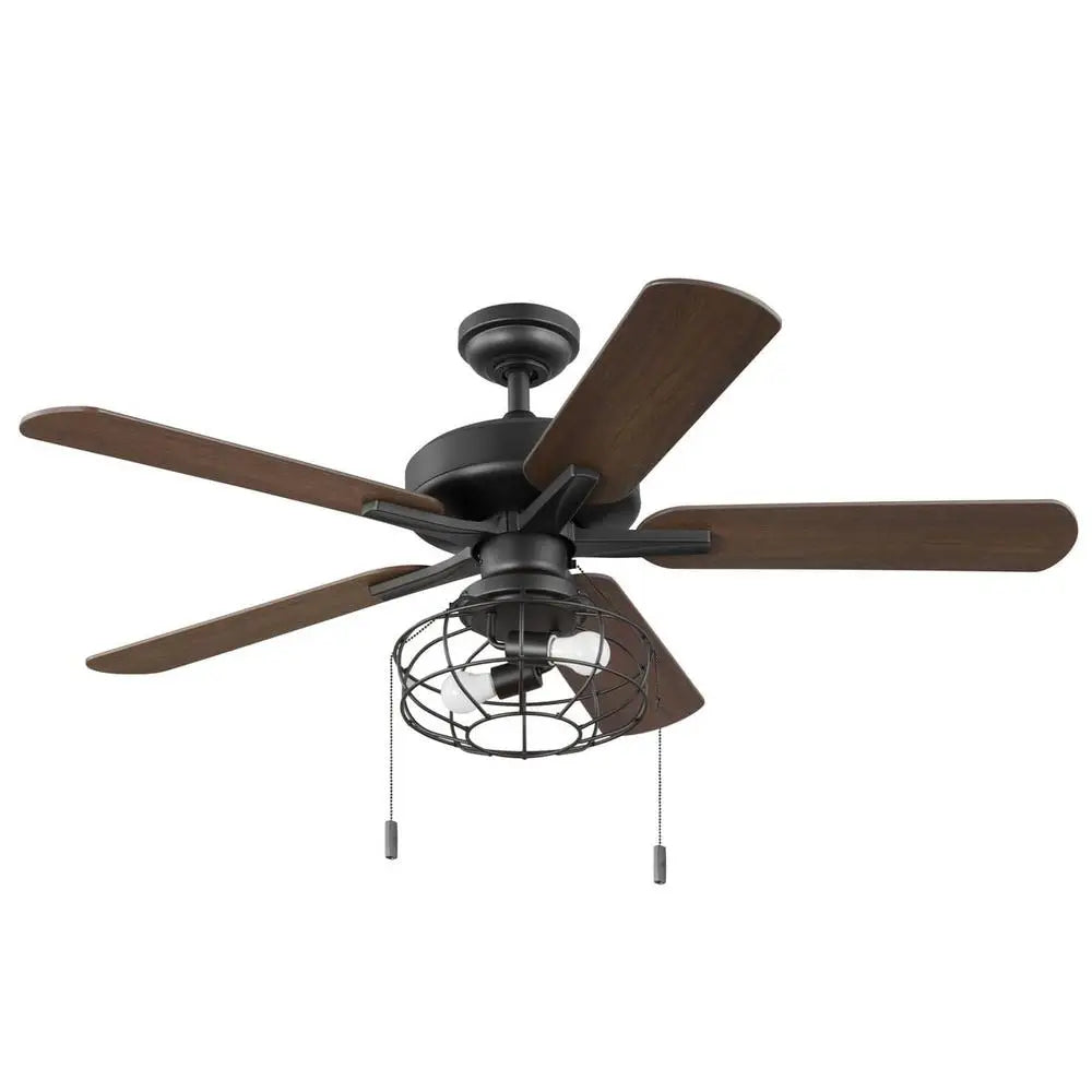 52inch Industrial Cage Ceiling Fan 5 Reversible Blades LED Bulbs Included Downrod Mount Indoor Spaces Adjustable Speed Quiet