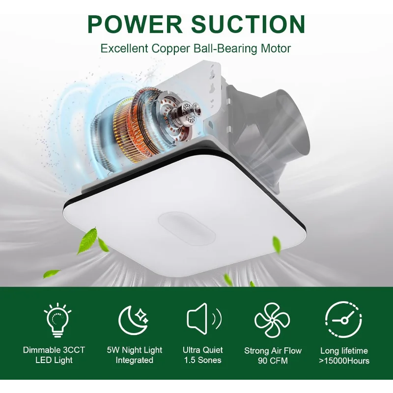Akicon Bathroom Exhaust Fan with Light, 15W Dimmable 3CCT LED Light with 5W Night Light Bathroom Fans for Ceiling, 90 CFM