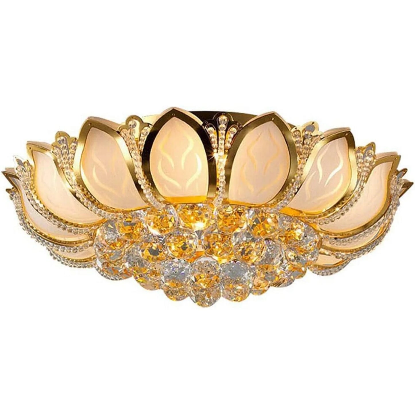Luxury Crystal Chandelier 23.5" Gold Lotus Shape Flush Mount LED Ceiling Lamp Pendant Lighting Fixture for Living Room Bedroom