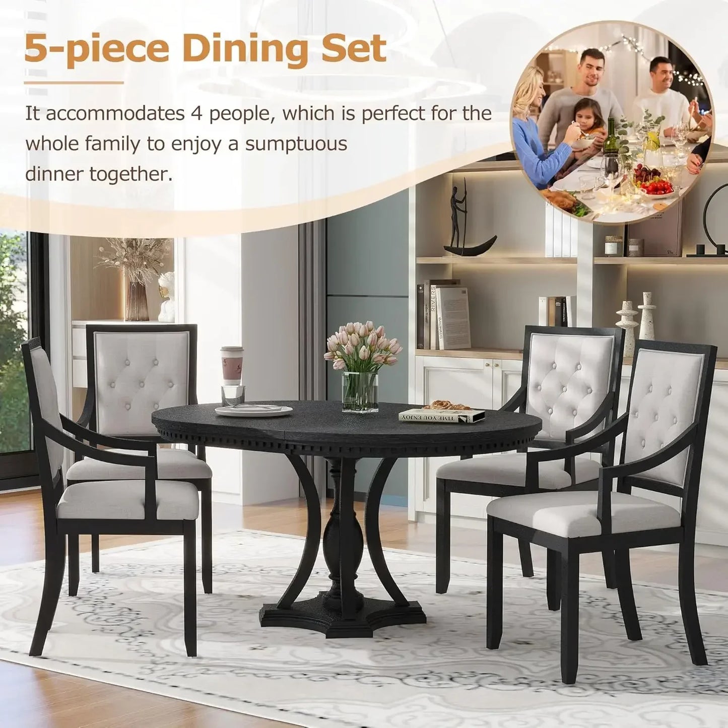 Dining Table Set for 4, Farmhouse Kitchen Table Set with 1 Extendable Round Table and 4 Upholstered Dining Chairs, Wooden