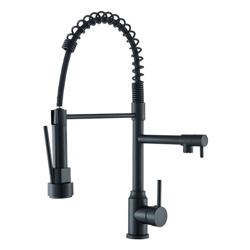 Black Kitchen Faucet With Pull Down Spring Sprayer Deck Mounted Hot and Cold Water Mixer Tap Dual Spout Nozzle Faucets Crane
