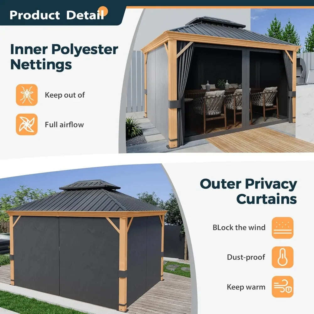Hardtop Gazebo, Outdoor Wood Grain Frame Aluminum Metal Gazebo with Galvanized Steel Double Roof, Patio Canopy with Netting