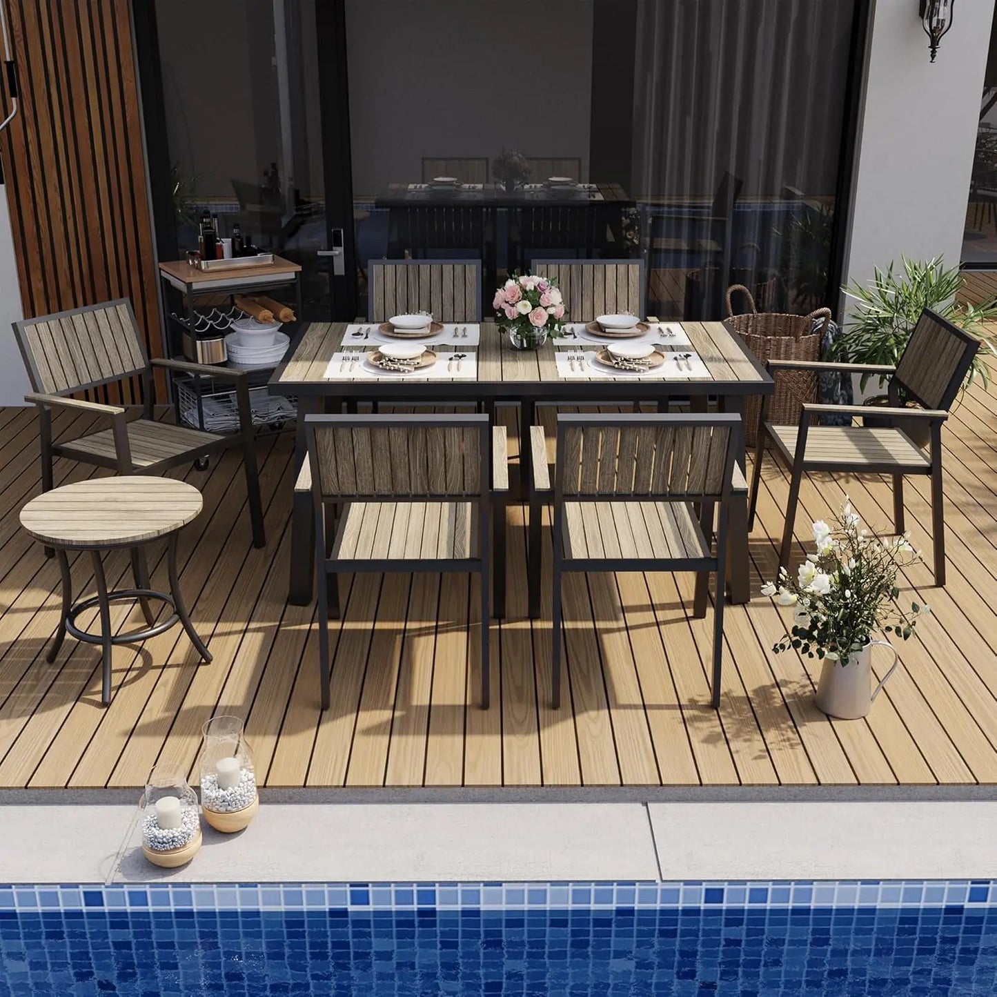 8-Piece Outdoor Dining Set, Patio Furniture Set with Walnut Plastic-Wood Table Top & 6 Stackable Chairs