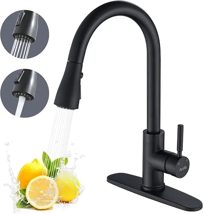 Arofa Matte Black Kitchen Faucet, Kitchen Sink Faucet with Pull Down Sprayer Single Handle Stainless Steel Modern for 1 or3 Hole