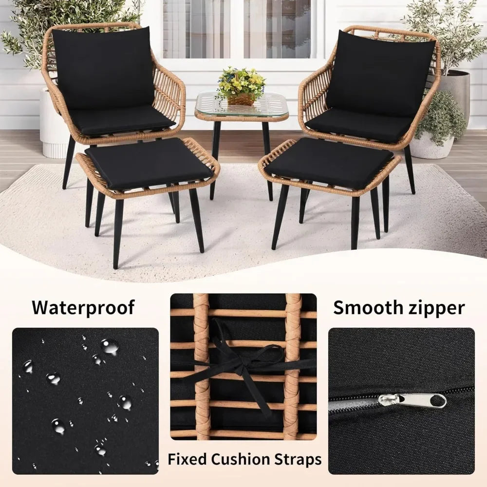 5 Piece Wicker Bistro Patio Conversation Furniture Set, Includes 2 Chairs, 2 Ottomans, and Side Table, Ideal for Porch, Balcony