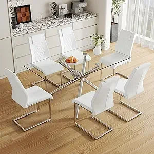 Modern Dining Table Set for 6, 63" Dinner Table Set for 6,Marble-Patterned Tempered Glass Kitchen Tabletop Silver Legs and 6 Bla