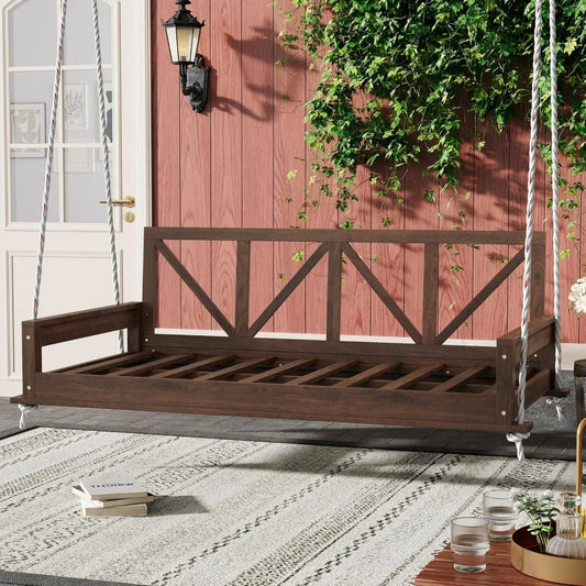Patio Twin Size Garden Swing Bed, Acacia Wood Porch Swing Hanging Bed Frame with 16.4ft Hemp Ropes for Garden, Backyard, Brown