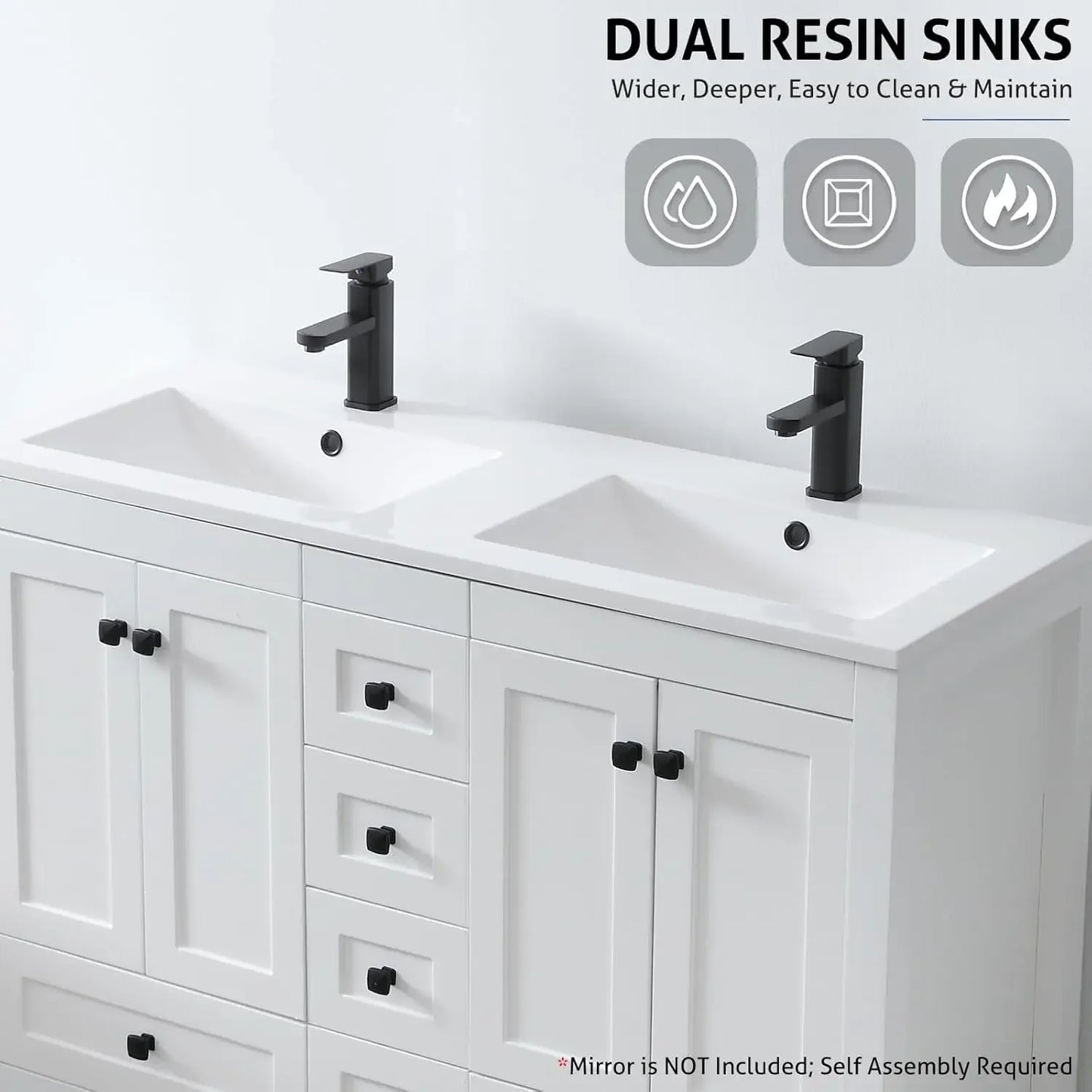 48" Bathroom Vanities Cabinet with Sink Combo Set, Undermount Double Resin Sink w/Thickened Wood, Matte Black Faucet, White